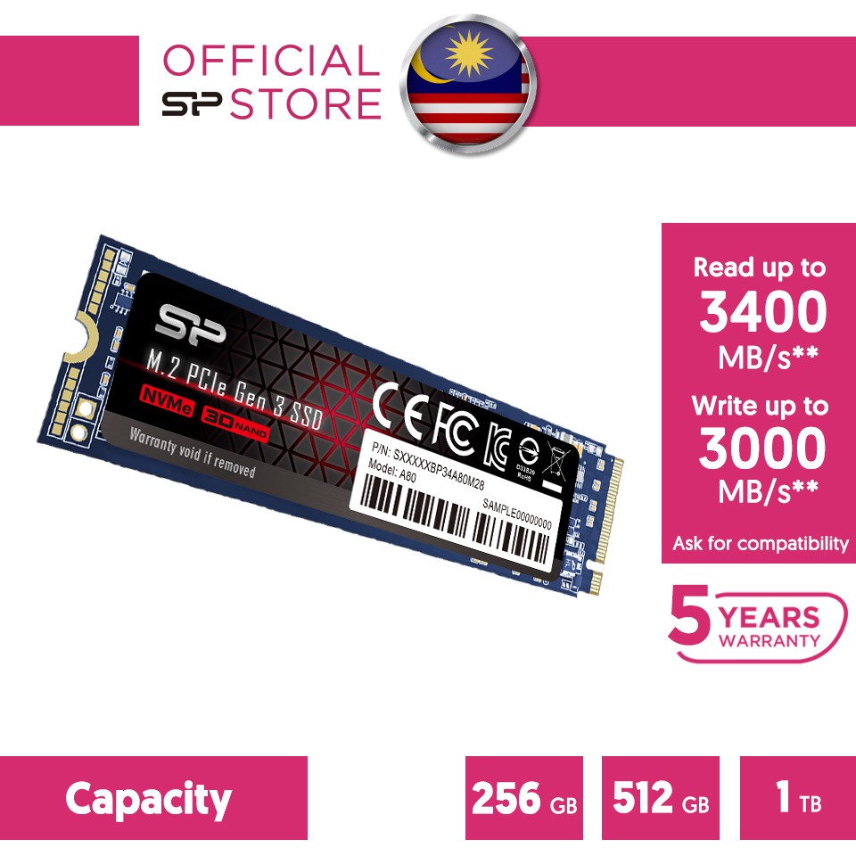 Silicon Power NVMe PCIe Gen3x4 M.2 2280 SSD (256GB/512GB/1TB) A80 P34 Solid State Drives