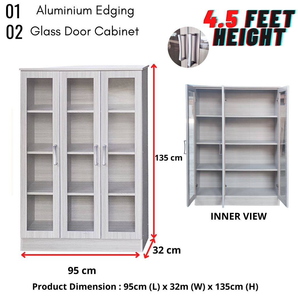 4.5ft 3 Door Rack Display Cabinet Glass Storage Cabinet Rak Buku Bookcase Glass Door cupboard almari kaca book shelf DFP