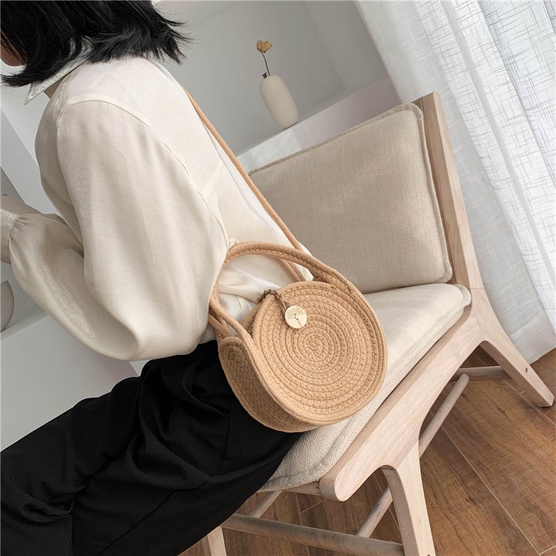 Vintage Style Woven Knitted Shoulder Bag Cotton Rope Handbag Beach/Casual Style Messager Bag Handmade Bag