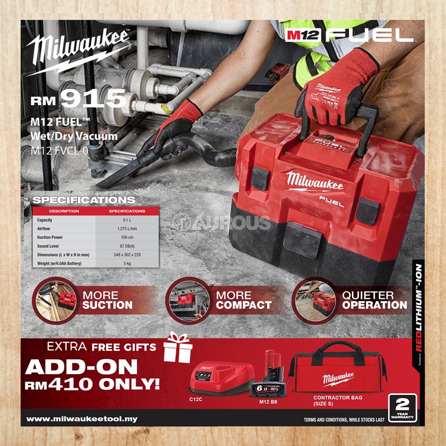 MILWAUKEE M12 FUEL WET & DRY VACUUM BLOWER CLEANER 6.1 LITRE (M12 FVCL