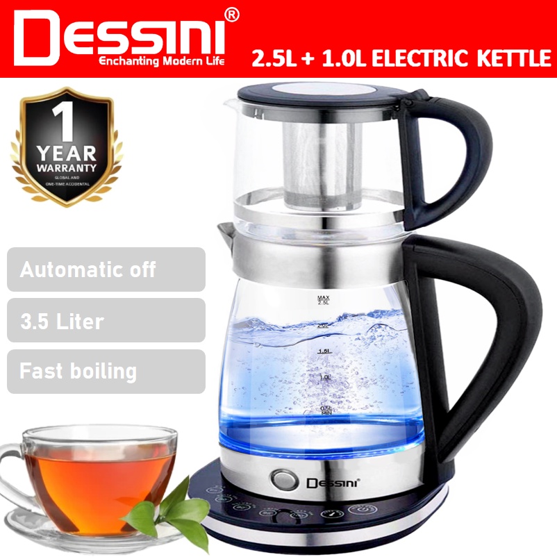 DESSINI ITALY 2.5L + 1.0L Glass LED Light Electric Kettle Temperature Control Automatic Cut Off Boiler Jug Teapot Cerek
