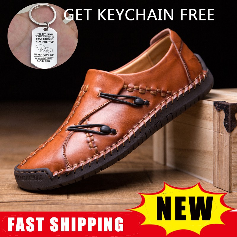 men's hand stitching stylish soft sole slip on loafers casual leather shoes