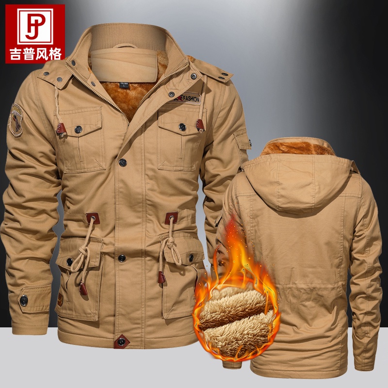 Men's high-quality cotton leisure medium length loose outdoor windproof clothing Multi Pocket work jacket Outdoor Jacket outdoor winter work jacket weatherproof windbreaker