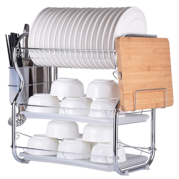 Rak Pinggan Mangkuk 3 Tingkat dan Tempat Papan Pemotong /3 Layer Steel Dish Rack with Knife & Cutting Board Compartments | Shopee Malaysia