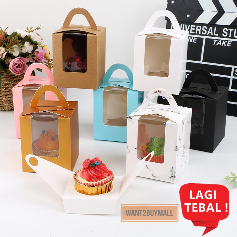 Muffin Cupcake Goody Window Paper Box Kotak Cup Cake Handle Inner Holder Packaging Mooncake Door Gift Wedding Box 马芬盒