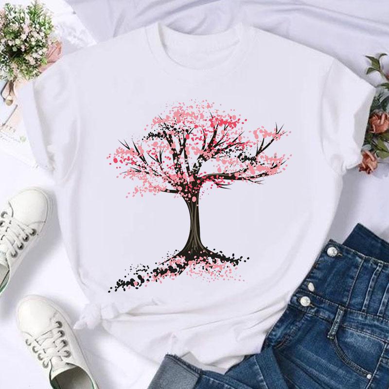 Short Sleeve Tree Flower Cute T-shirts Clothes Print Tops Women Graphic T Shirts Clothing Top Tee Summer Womens Shirt Female T-shirt