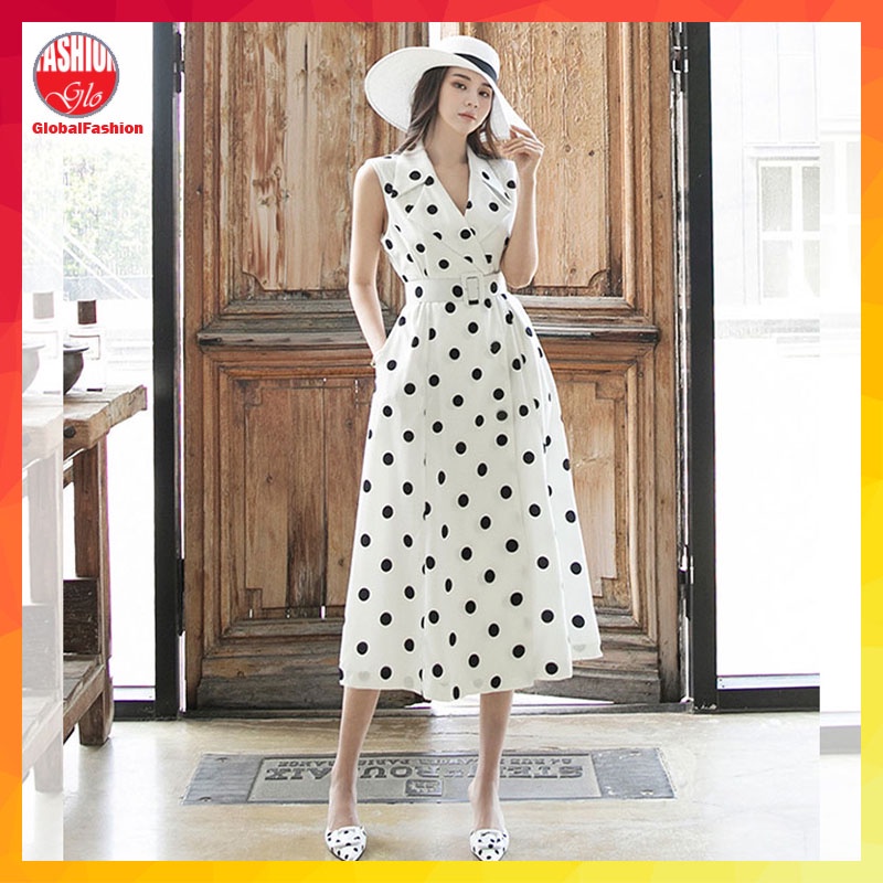 Elegant Sleeveless Dress Woman Baju Perempuan Lengan Pendek V Neck Polka Dot Dress for Evening Dinner Global Fashion