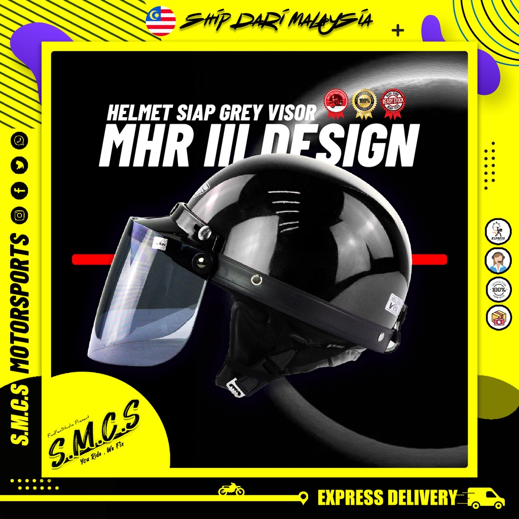 MHR III Siap Grey Visor [BRV LOGO] Steng Kura Topi Keledar MHR Separuh Helmet Half Cut