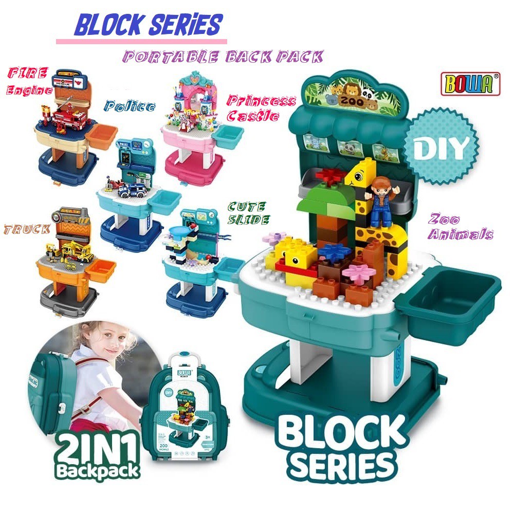 BOWA DIY Fun Puzzle Brick Blocks School Bag 8411-8416P Zoo /Slide/ Castle/ FireTruck/ Civil/ Police [Ready Stock]