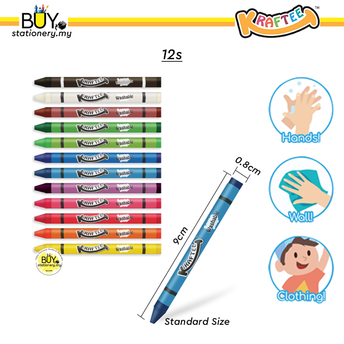 Kraftee Washable Crayon Non Toxic Safe for Kids 12s 24s - (BOX) [Spend RM70 for Free Gift] Art Set Krayon Stationary 蜡笔