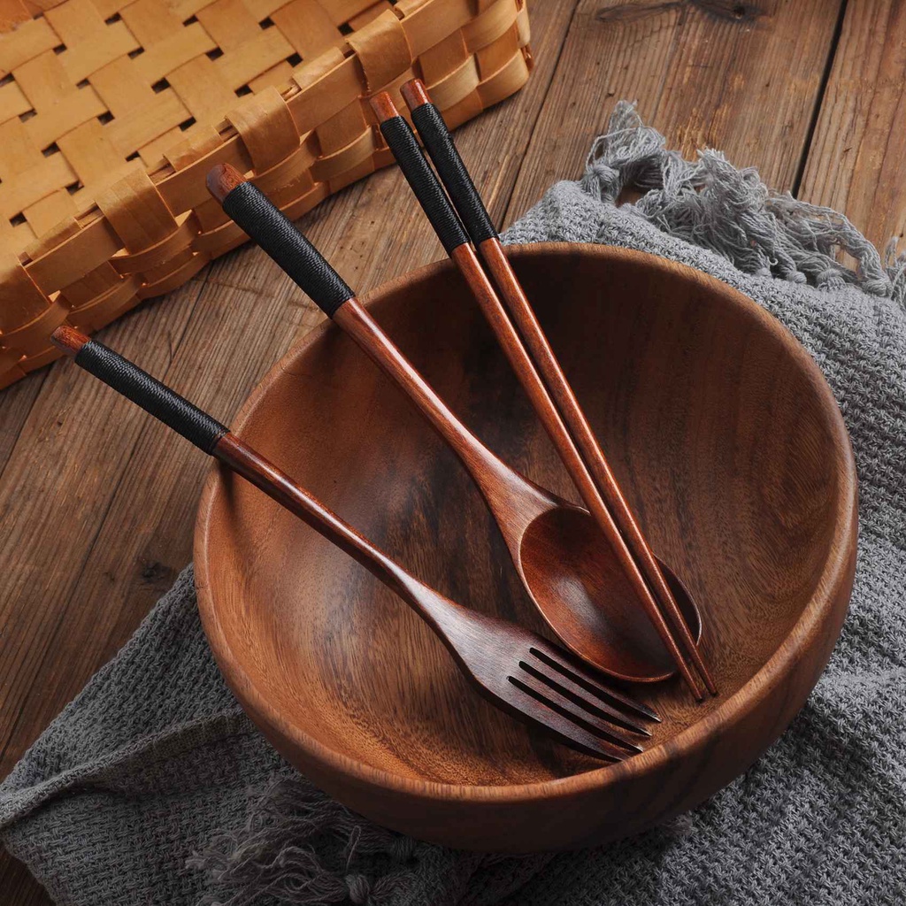 Wooden Flatware Set, Wooden Portable Set Chopsticks Spoon Fork (without bowl)Tableware Dinnerware with Black Twining Thread