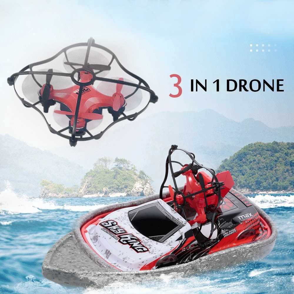 3 in 1 Boat Drone Car Sea Air Land Mode 3-mode Altitude Hold Headless Mode RC Boat Quadcopter Drone RTF (Red)