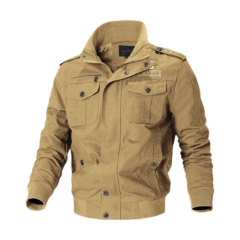 ?WGR's Ready Stock? Jacket High Quality Men's JackMet Leisure Trim Spring And Autumn Coat Men's Stand Collar Fashion Working pocket buttons design Military Jacket