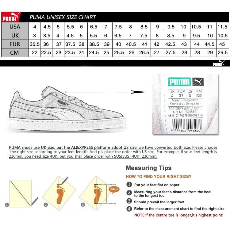 puma shoes chart