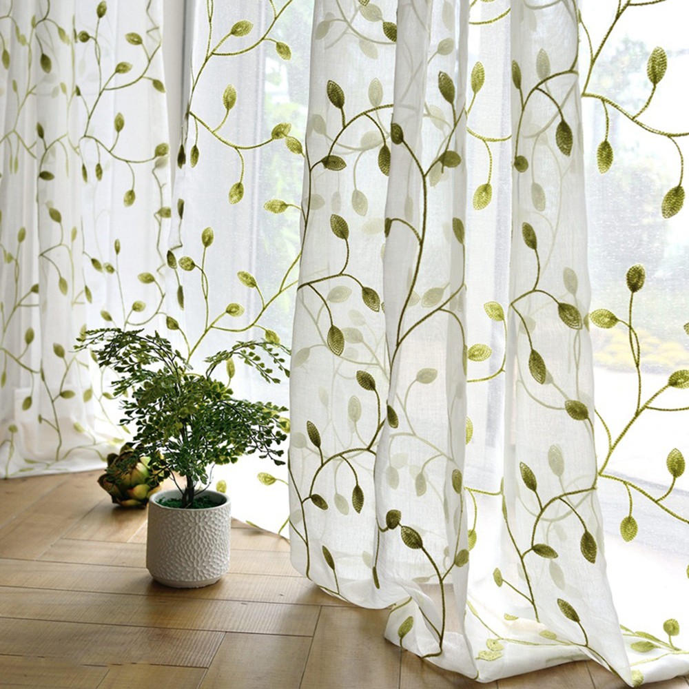 Green Leaf Sheer Curtain for Bedroom Sliding Door Embroidery Curtain