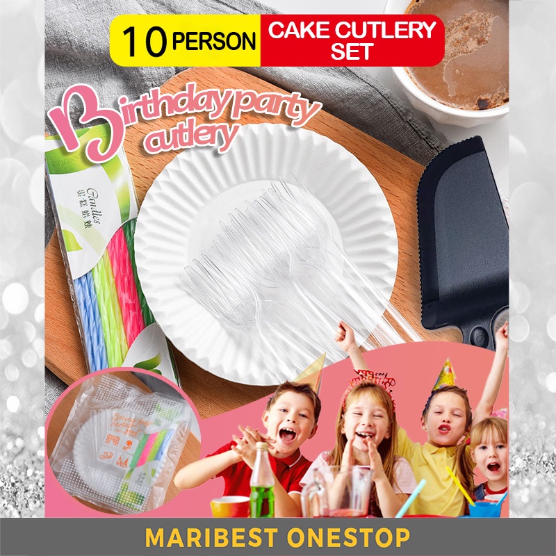 Cake cutlery Set 10 person plate fork set plastic disposable 4in1 fork disc birthday party Picnic peralatan makan 切蛋糕