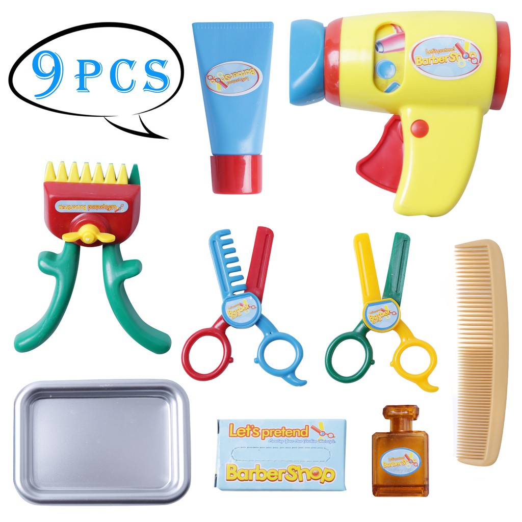9pcs Pretend Play Barber Shop Toy Hair Salon Playset For Kids