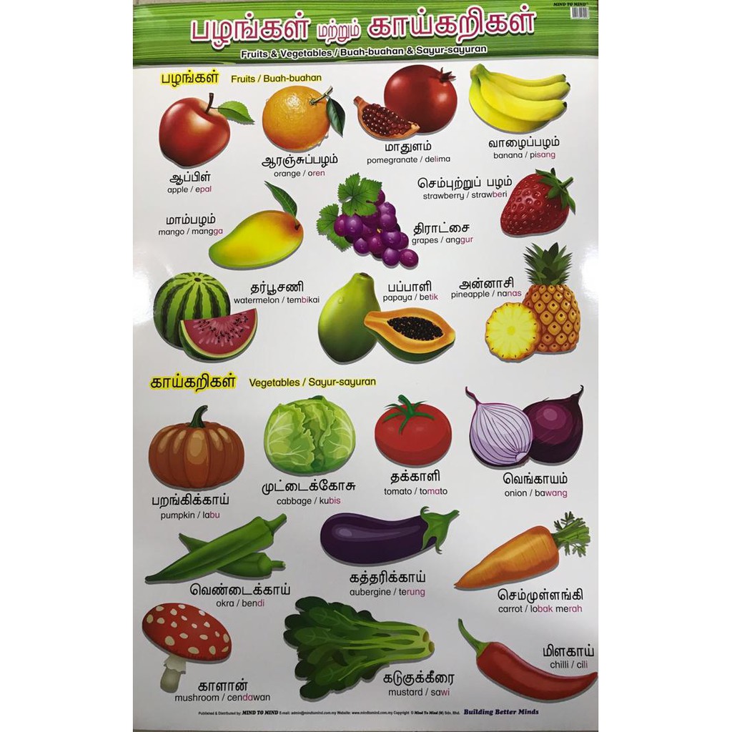 FRUITS & VEGETABLES (TAMIL, ENGLISH & BM WORDS CHART ...