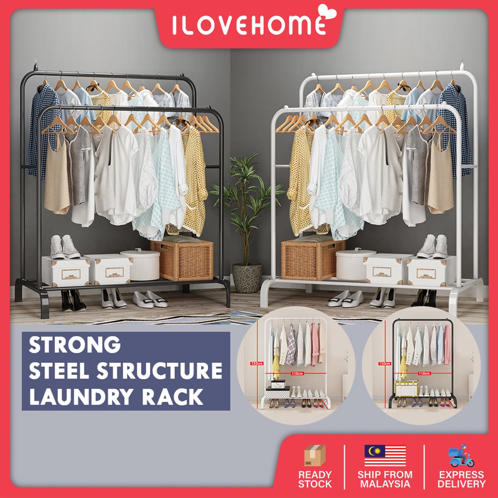 ILOVEHOME Heavy Duty Double Rod Clothing Hanger Rack Cloth Laundry Rack
