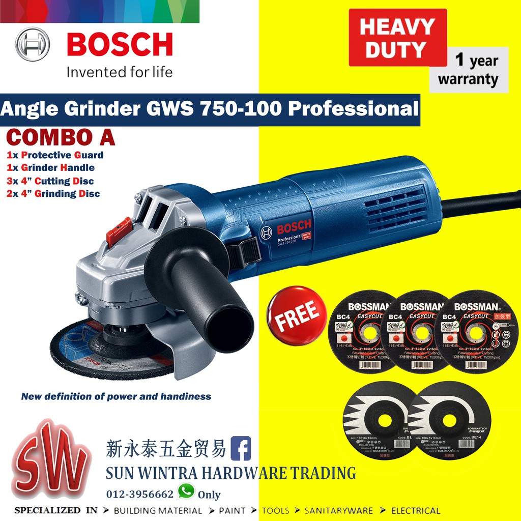 Bosch Angle Grinder GWS750100 Professional F.O.C 3x Cutting Disc & 2x