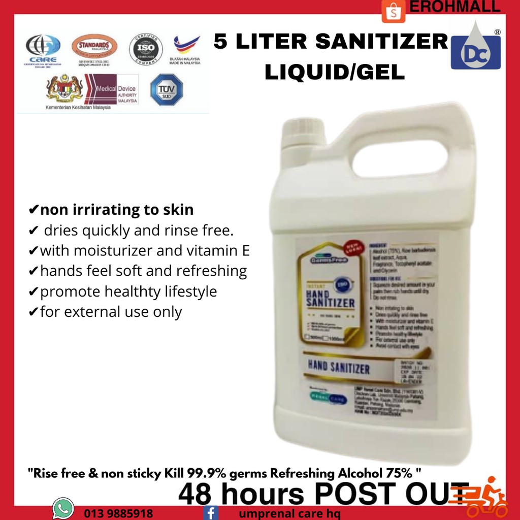 Sanitizer 5liter Murah LULUS KKM gentle to hand universiti Malaysia Pahang instant germs free iso 13485: 2016