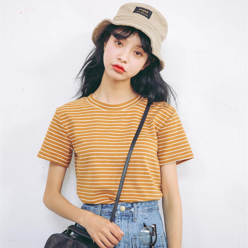 23542 Summer Thin Horizontal Stripes Basic T-Shirt Top Half Sleeve