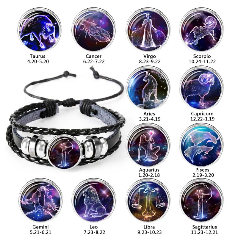 12 Zodiac Signs Constellations Black Button Woven Leather Bracelet Glass Dome Men Aries Libra Leo Cancer Birthday Gift