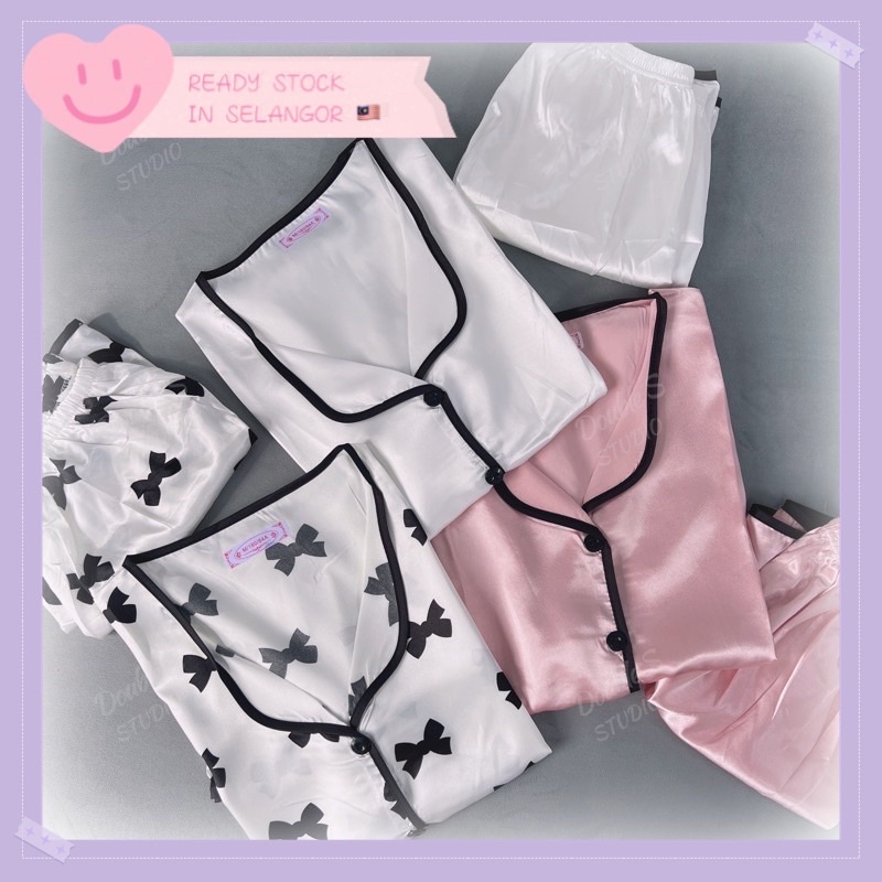 SelangorPost?? Ice Silk Pyjamas Short Sleeve Women Satin Sleepwear Baju Tidur Perempuan Wanita Silk Set