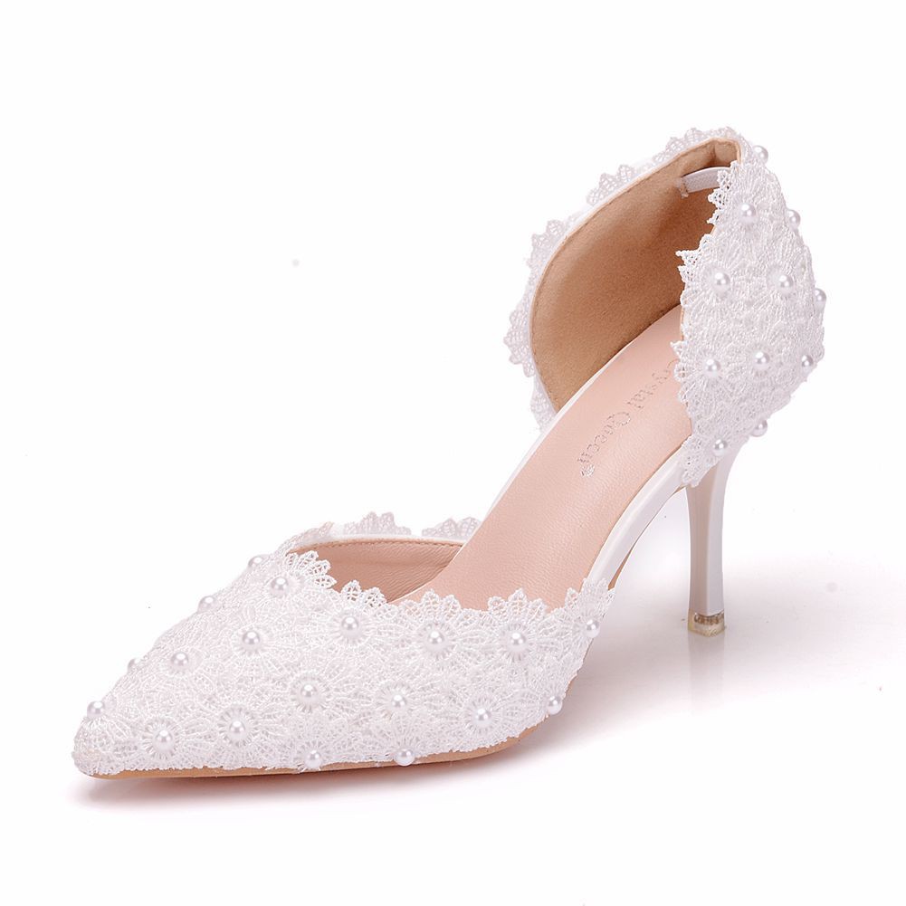 7.5cm White Lace Wedding Shoes Thin-heeled Pointed Sandals Hollow Two-piece Sand