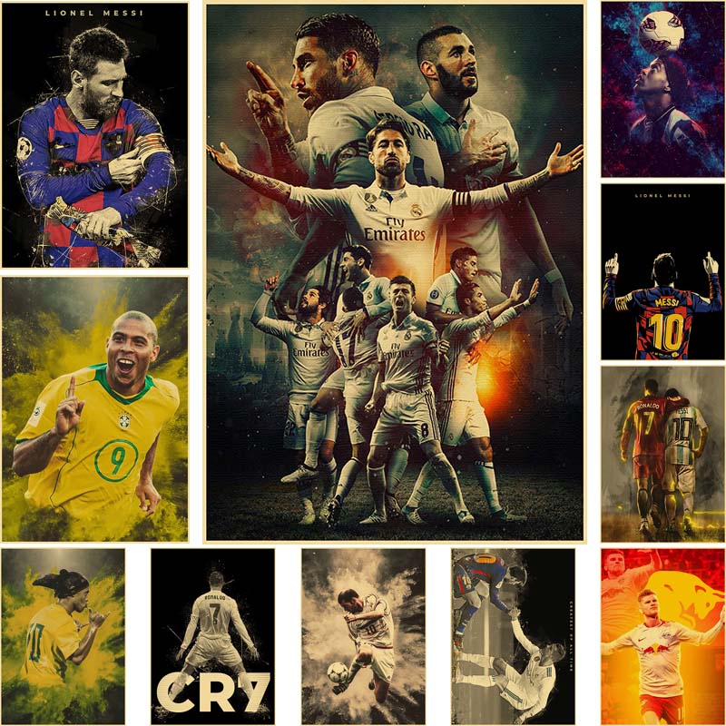 Football Star Soccer Player Posters Retro Kraft Paper Neymar Messi Poster Wall Art Painting Picture Living Room Home Decor