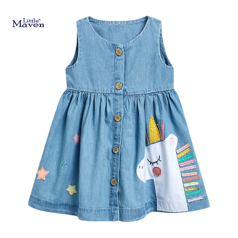 Little maven Baby Girls Denim Skirt 2022 Fashion Princess Unicorn Short Sleeve Dresses Toddler Costumes Cute Outfits Vestidos for 2-7 Y