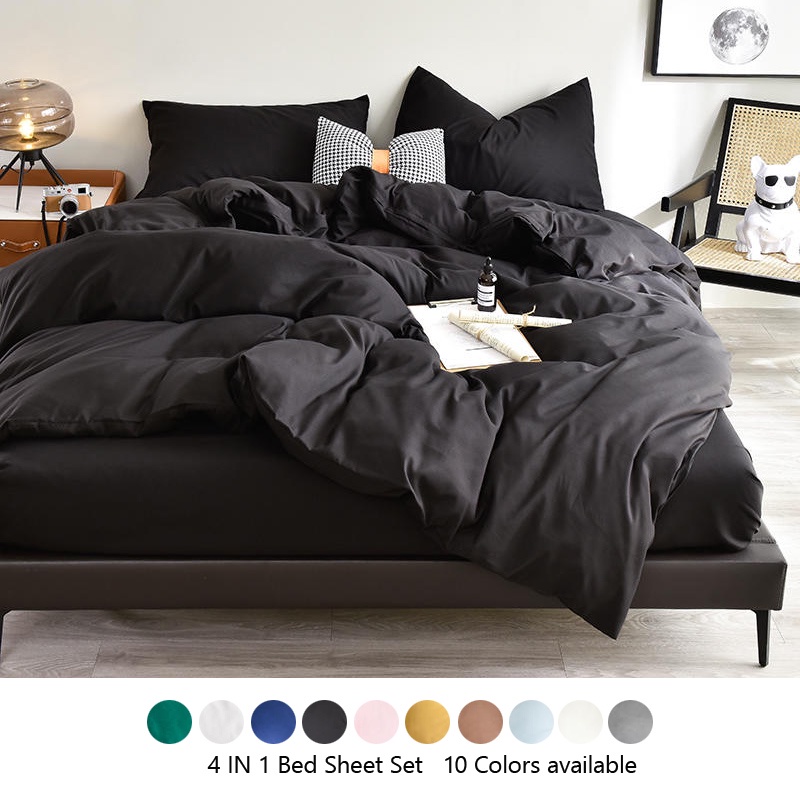 4 IN 1 Black Color Bed Sheet Set Plain Dyed Bedding Set Single/Queen