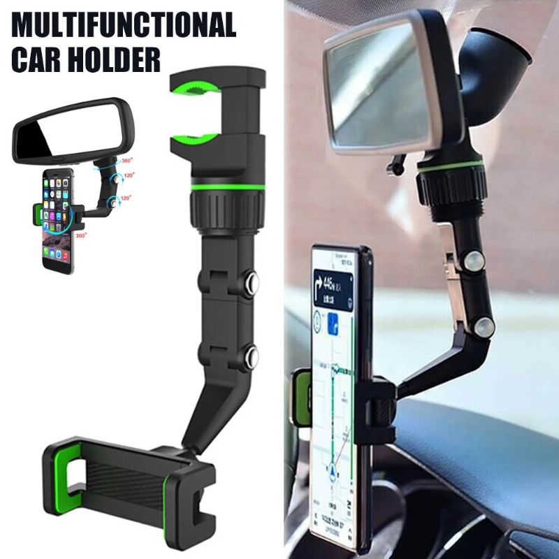 360 Degree Rotatable Rearview Mirror Phone Holder GPS Dashcam Recorder Car Mount Pemegang Telefon Kereta (CRAB CLAMP)