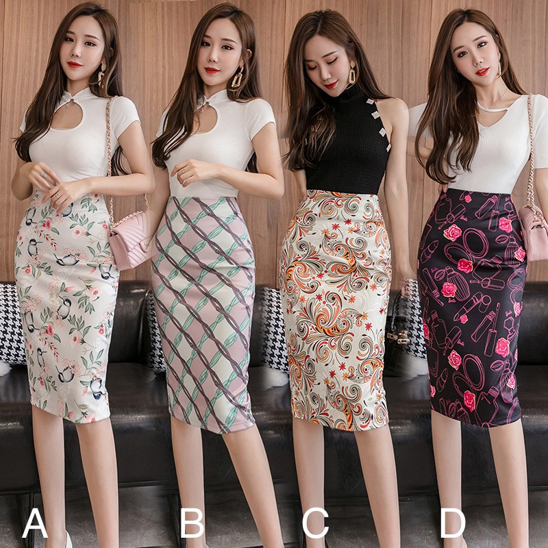 New Style High Waist Floral Print Slim Knee Wrap Skirt Tight Skirt Midi Skirt