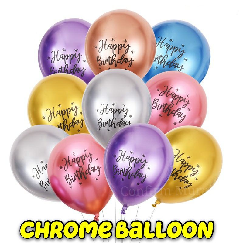 12 inch Chrome Colour Metallic Latex Balloon Happy Birthday Printed ...