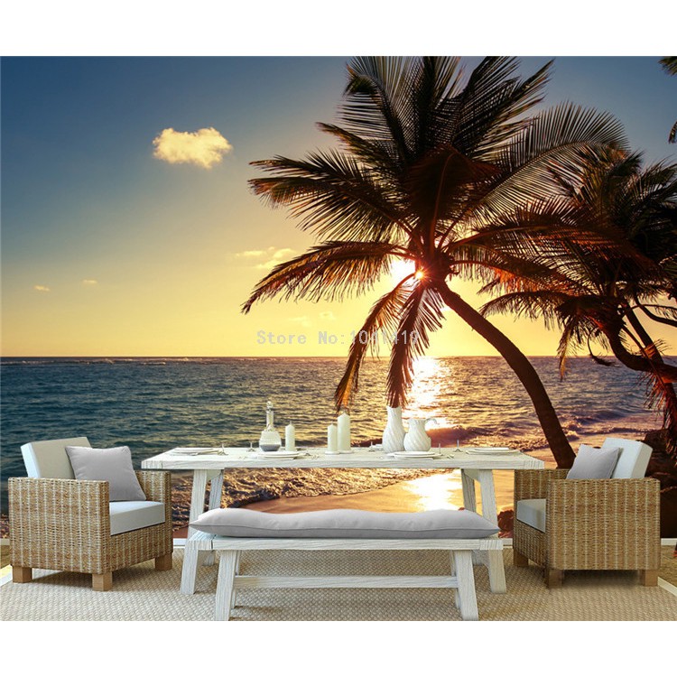 Home decoration mural◅♧Custom 3d mural photo wallpaper beach sunset coconut  palm seaside landscape wall painting cafe ho | Shopee Malaysia