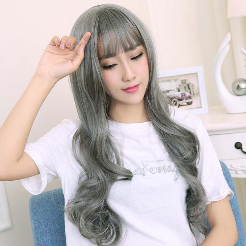 Women Wig Long Hair Big Wave Curly Hair Air Bangs Grandmother Grey Ombre Wig