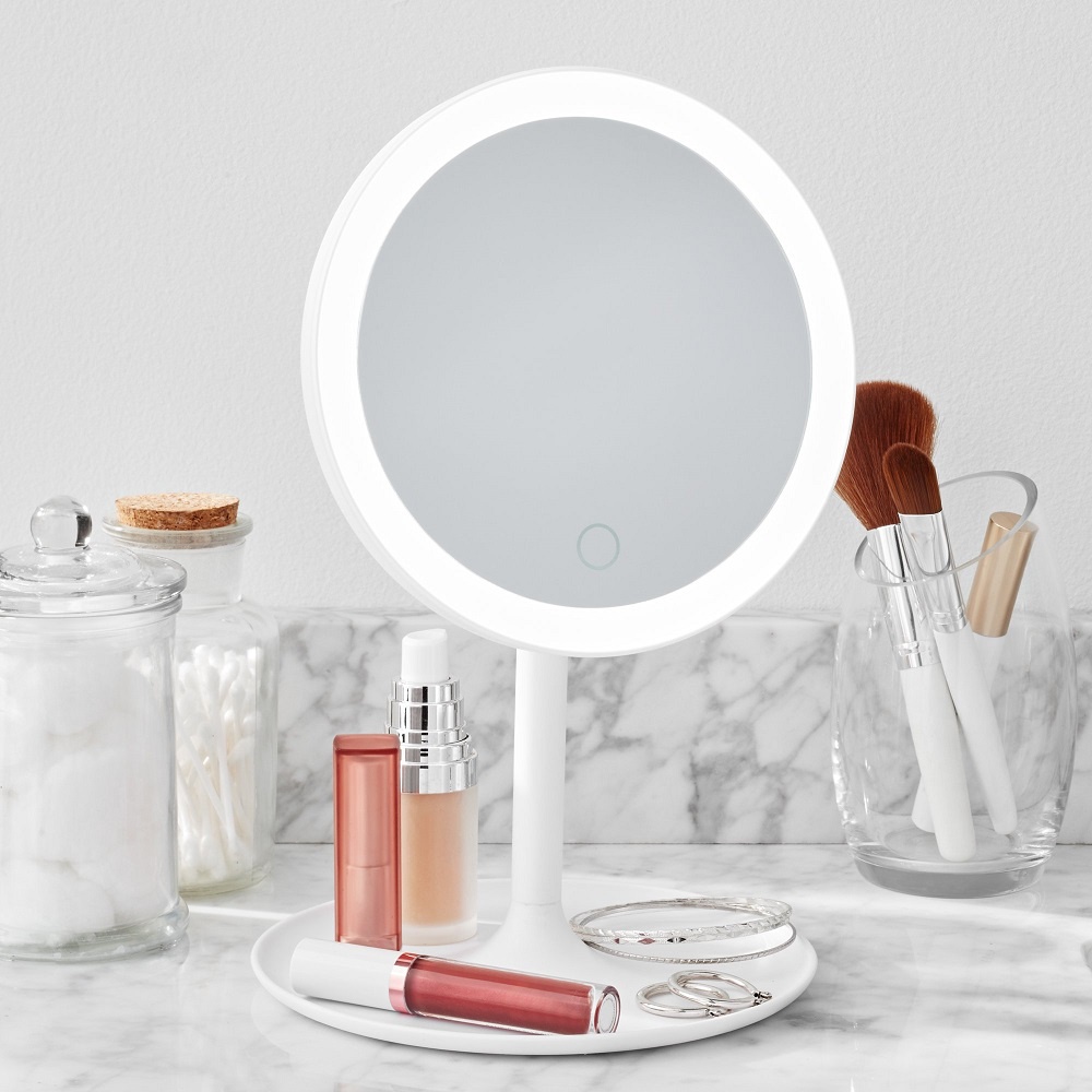 Round Led Touch Sensor Control Makeup Mirror With 3 Colors Modes Light, Usb Rechargeable Desktop Folding Round