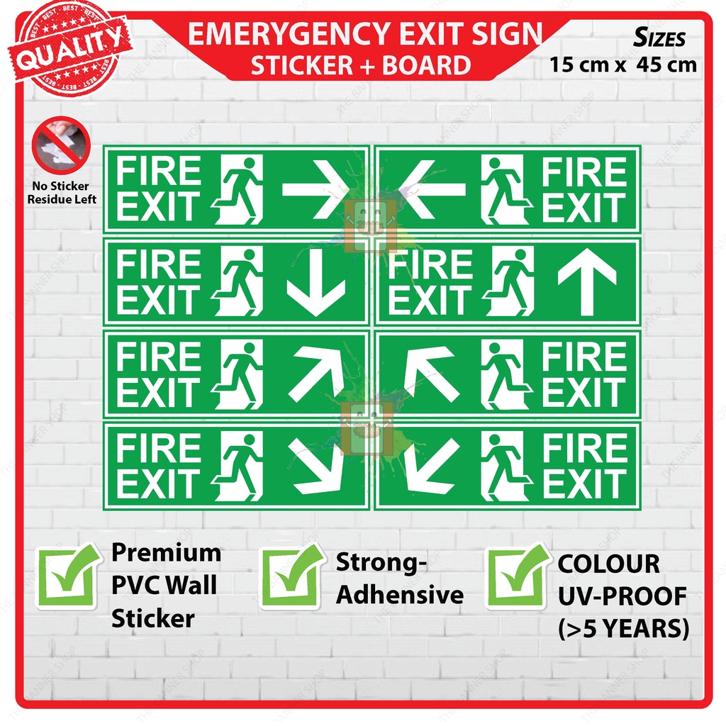 VSAFEMKT Emergency Exit Signs Safety Signs Sticker / Sticker + Board 15 ...