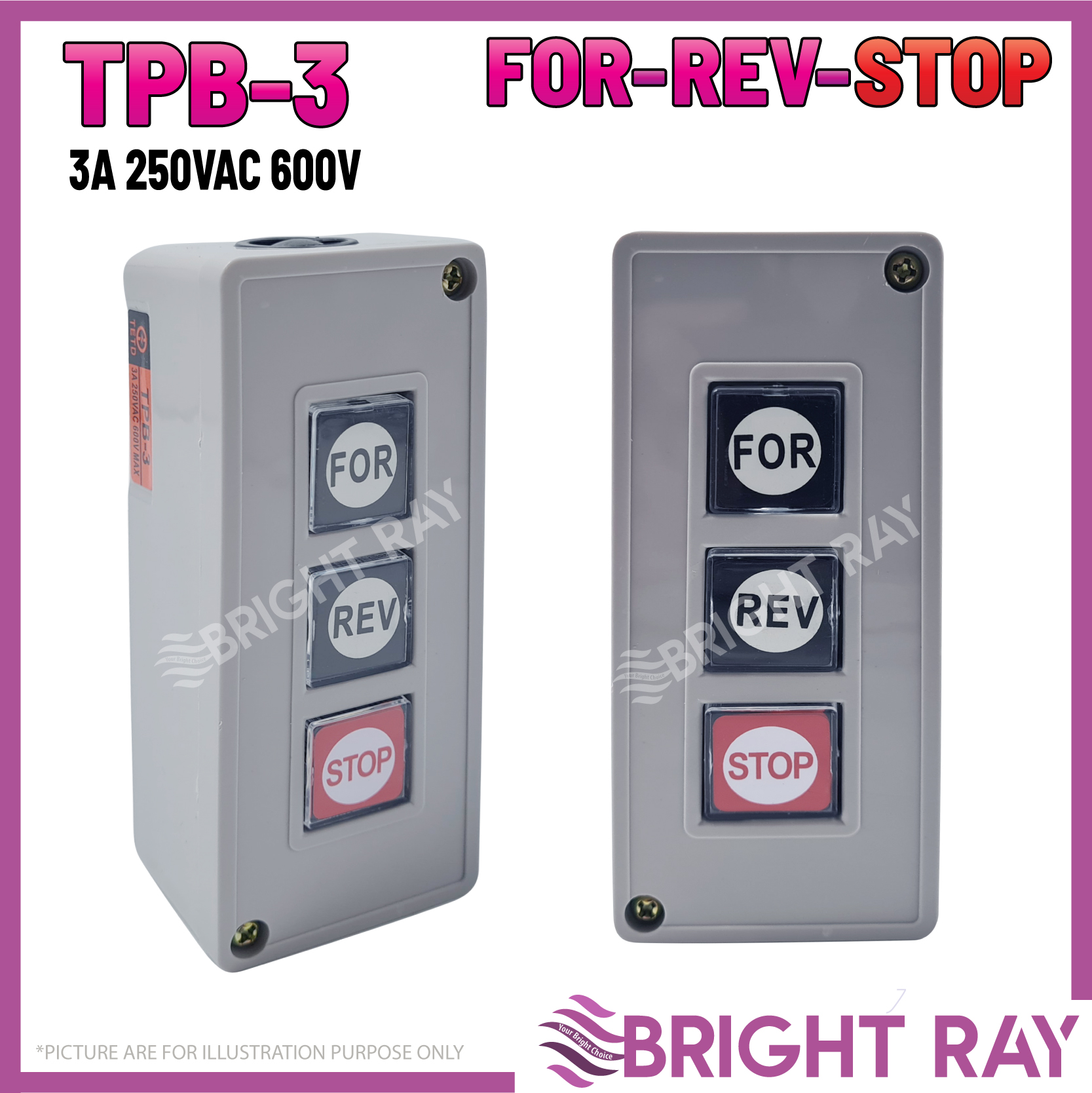 TPB-3 FOR-REV-STOP Forward Reverse Stop 3P Momentary Push Button ...