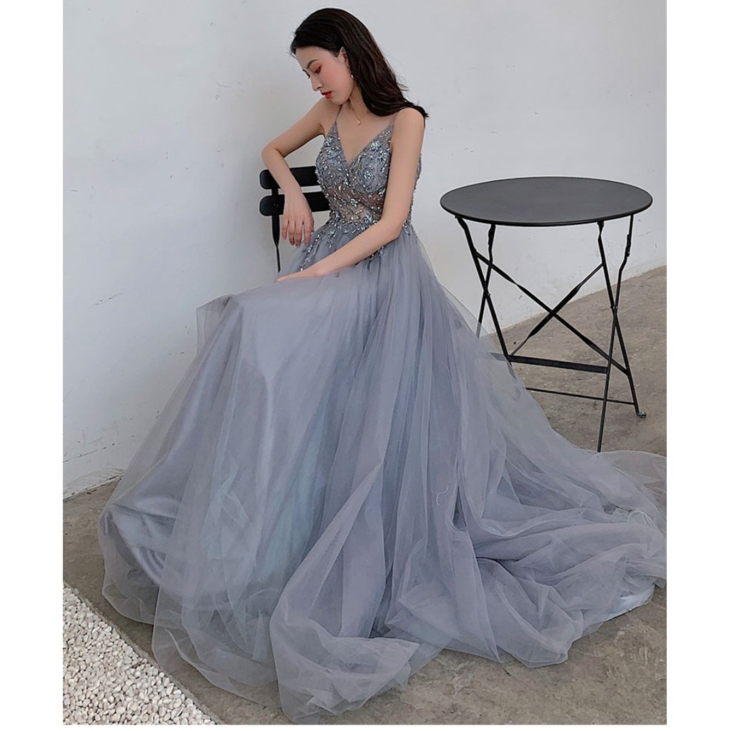 grey fishtail prom dress