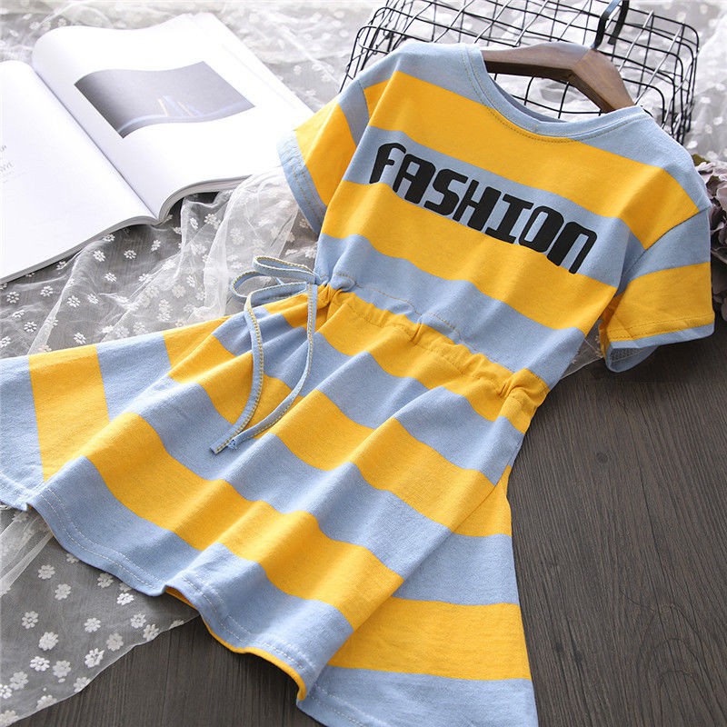 Children's clothing summer new girls casual color contrast striped waist tie casual dress