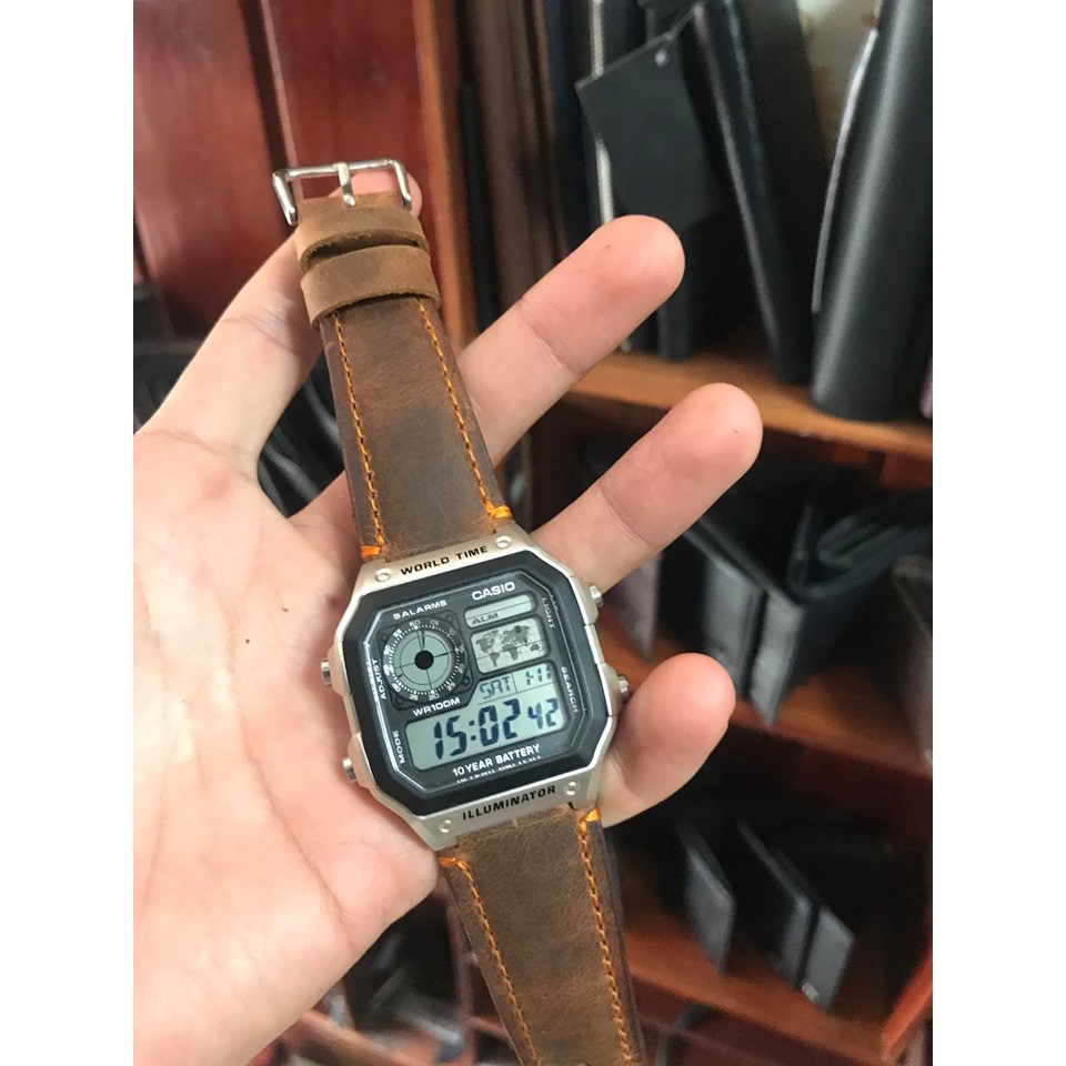 Casio Watch Leather Strap ae 1200 whd brown with lock | Malaysia