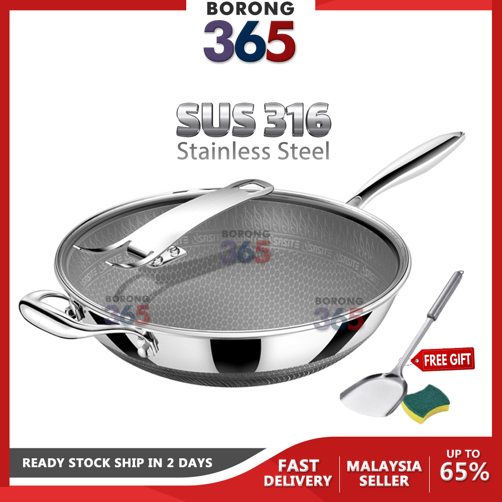 Borong365 SUS 316 Stainless Steel Non-Stick Nano Honeycomb Web Long 316 Stainless Steel Honeycomb Wok