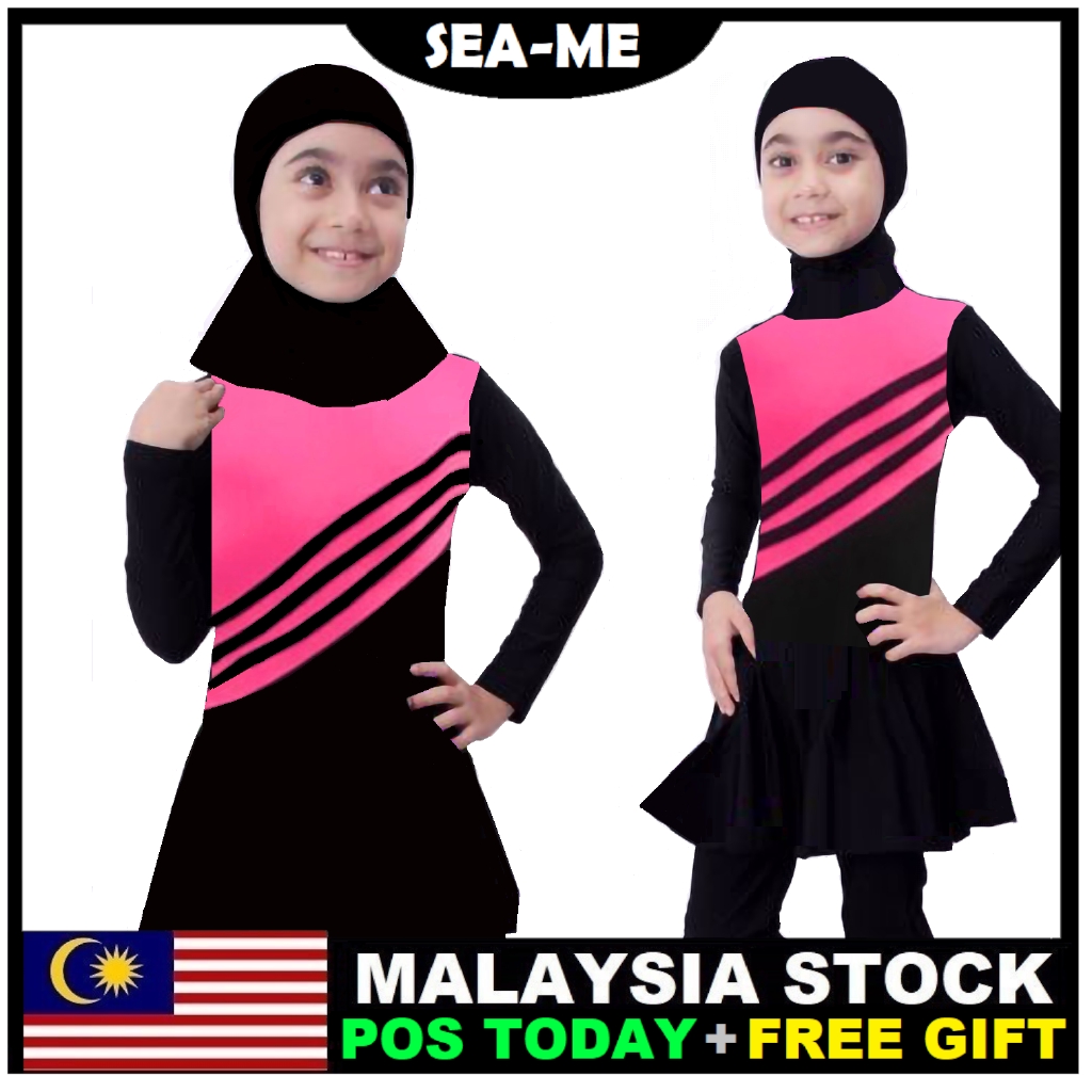 â¬ SEA ME â¬ãPos Dari PENANG ãChildren Muslimah Hijab Full Cover Kids Long Sleeve Swimming Suit With Hat
