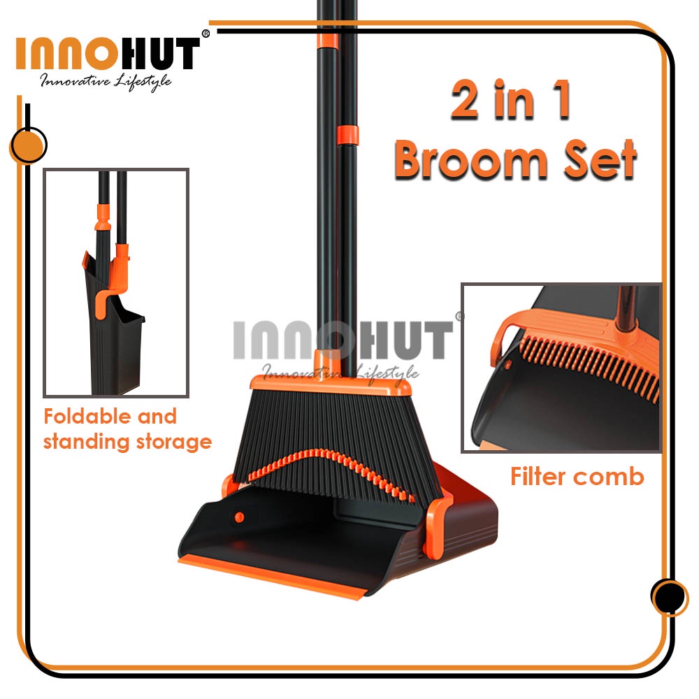 Innohut 2 In 1 Broom And Dustpan Set Standing Upright Cleaning Tools Household Foldable Set Penyapu