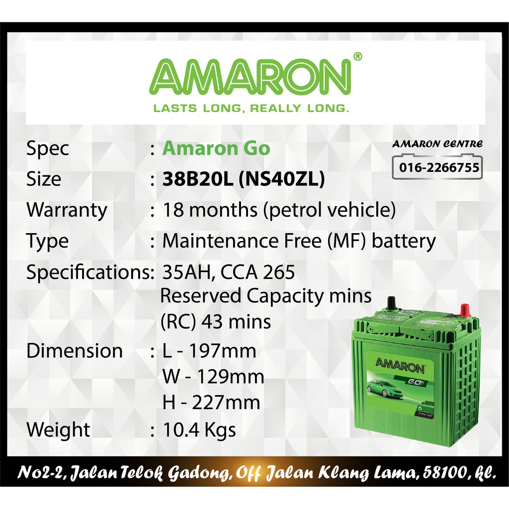 Perodua Myvi  AMARON GO 38B20L (NS40ZL)  Car Battery  Bateri 