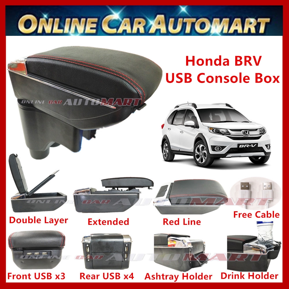 Honda BRV 7 USB Charger Port PVC Adjustable Arm Rest/Armrest Center Console Box (Red Line)