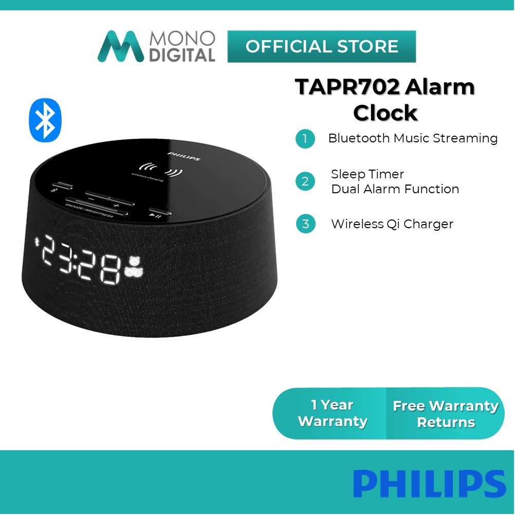 Philips TAPR702 Digital Alarm Clock (Bluetooth, Qi Wireless Charger, Sleep Timer, Alarm Function, USB Charging Port)