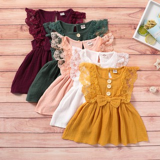 Toddler Baby Girl Dress Clothes Cotton Linen Solid Sleeveless Lace Fly Sleeve Ruffle Button Loose Waist Skirt Outfit